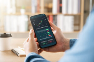 A smartphone screen showing a graph of investments moving upwards