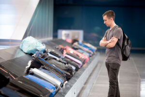 Young man passenger with carry-on backpack waiting at conveyor belt to pick up his luggage.