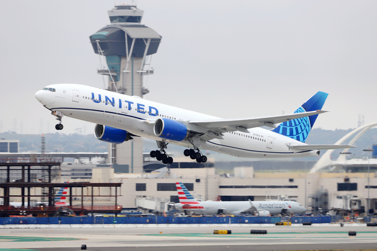 United Airlines airplane taking off at Los Angeles International Airport (LAX).