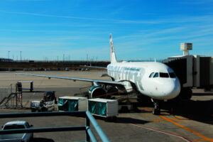 Baggage being loaded onto a Frontier flight.