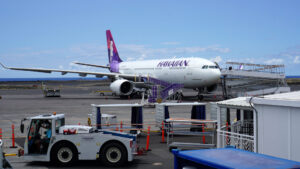 Hawaiian Airlines flight parked at the gate with baggage crew coming out with carts