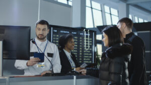 Airport workers check documents at security checkpoint.