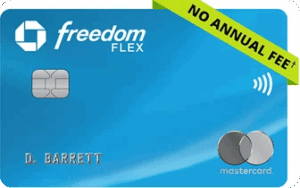 Blue Freedom Flex credit card with a No Annual Fee ribbon, featuring a chip on the left, contactless symbol top-right, Mastercard logo bottom-right, and the name D. Barrett embossed.