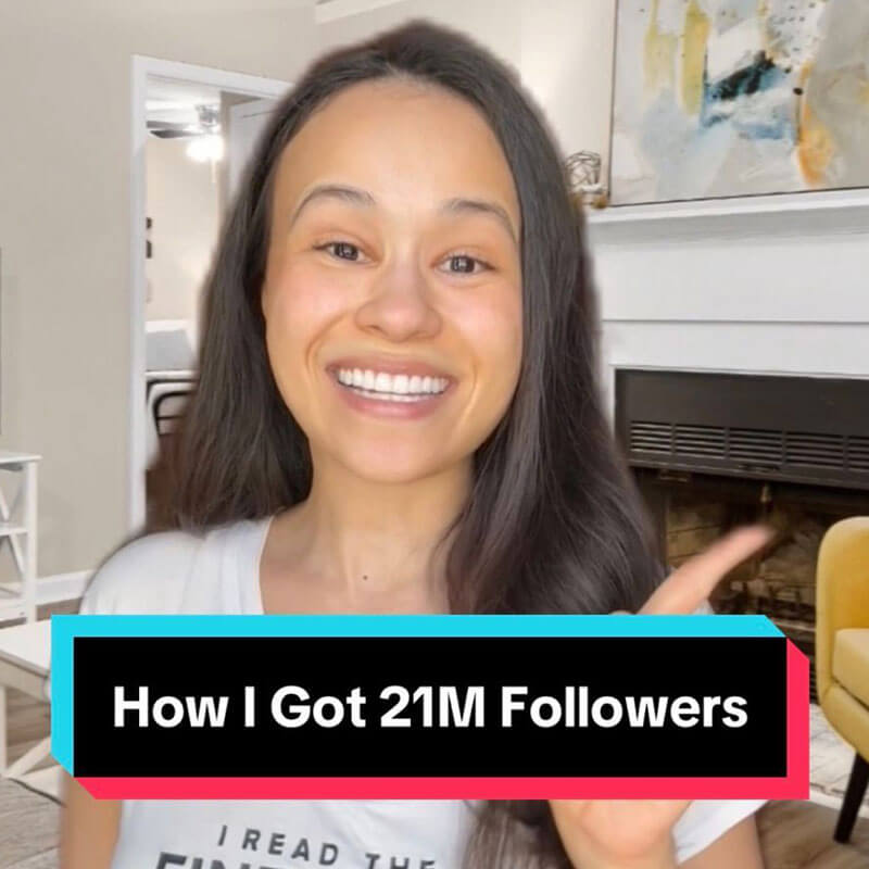 Smiling woman indoors with a bold video thumbnail banner at the bottom reading 'How I Got 21M Followers'.