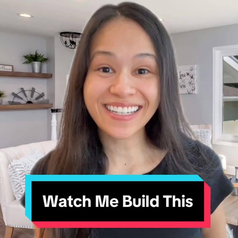 Smiling woman in a home setting; video thumbnail with a banner reading 'Watch Me Build This' at the bottom
