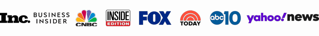 Row of major news outlet logos: Inc., Business Insider, CNBC, Inside Edition, FOX, TODAY, ABC10, Yahoo News.